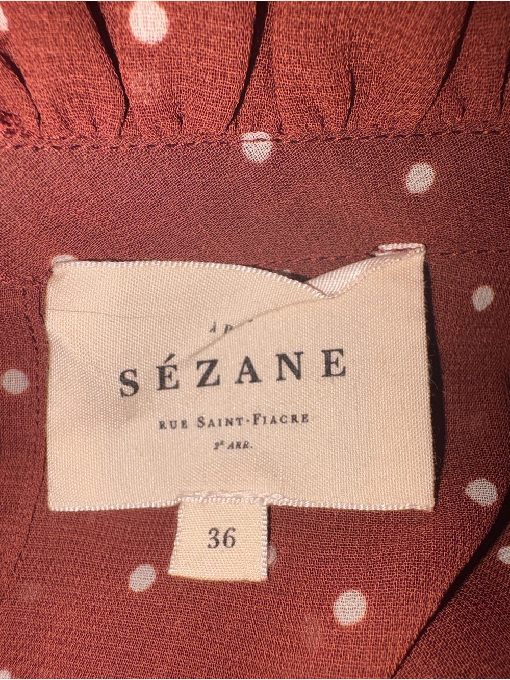 Sezane Muse Dress in Moka Polka Dot, High-Neck Rust Pleated Midi Dress FR36/US4 - Picture 4 of 5